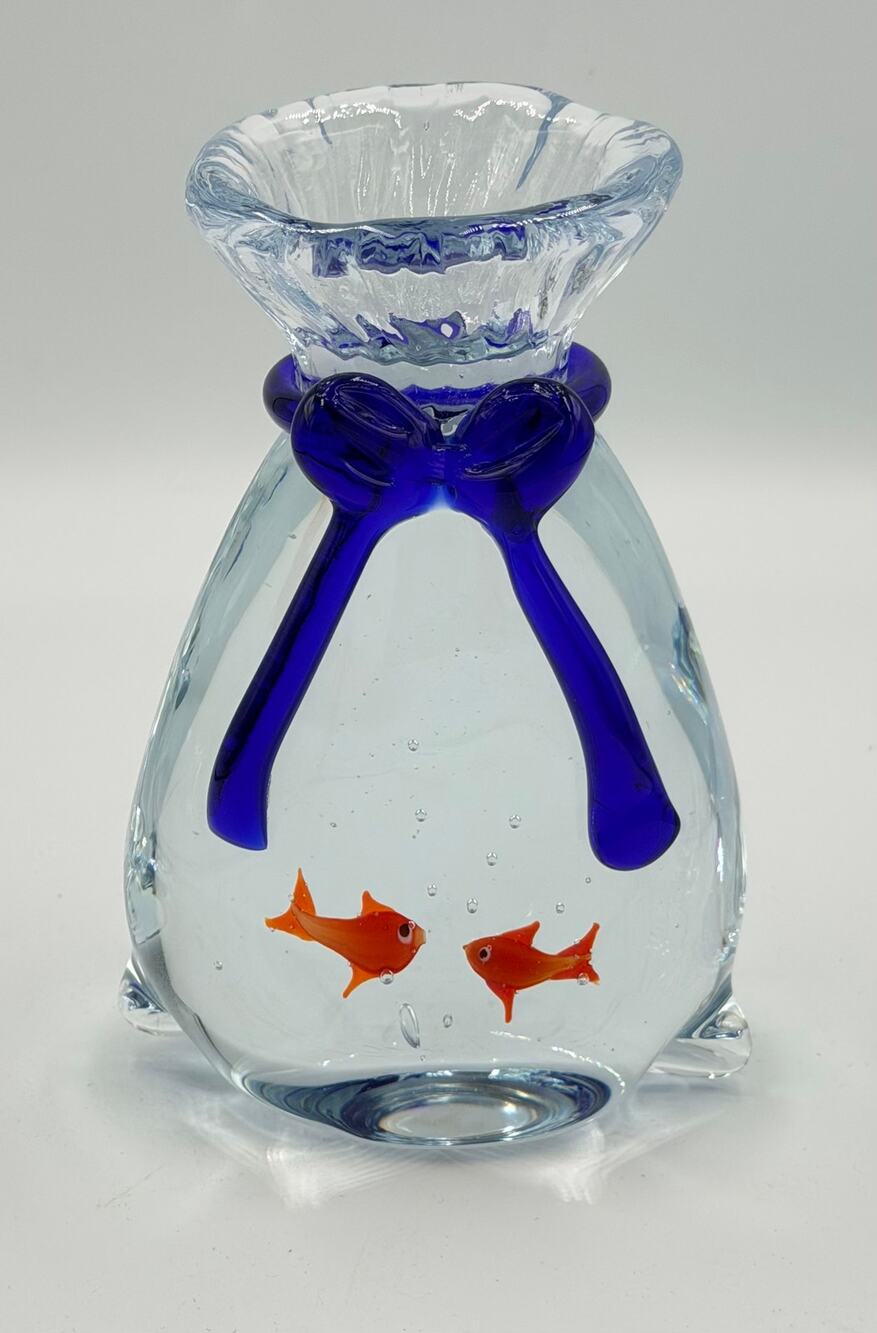 Large Murano Aquarium Art Glass 2 Fish Swimming in Bag 7" Paperweight Sculpture